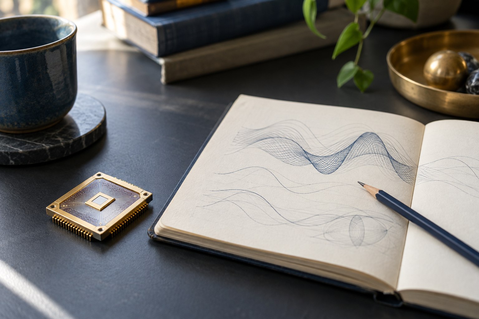A chip package beside an open notebook of wave sketches in soft daylight.