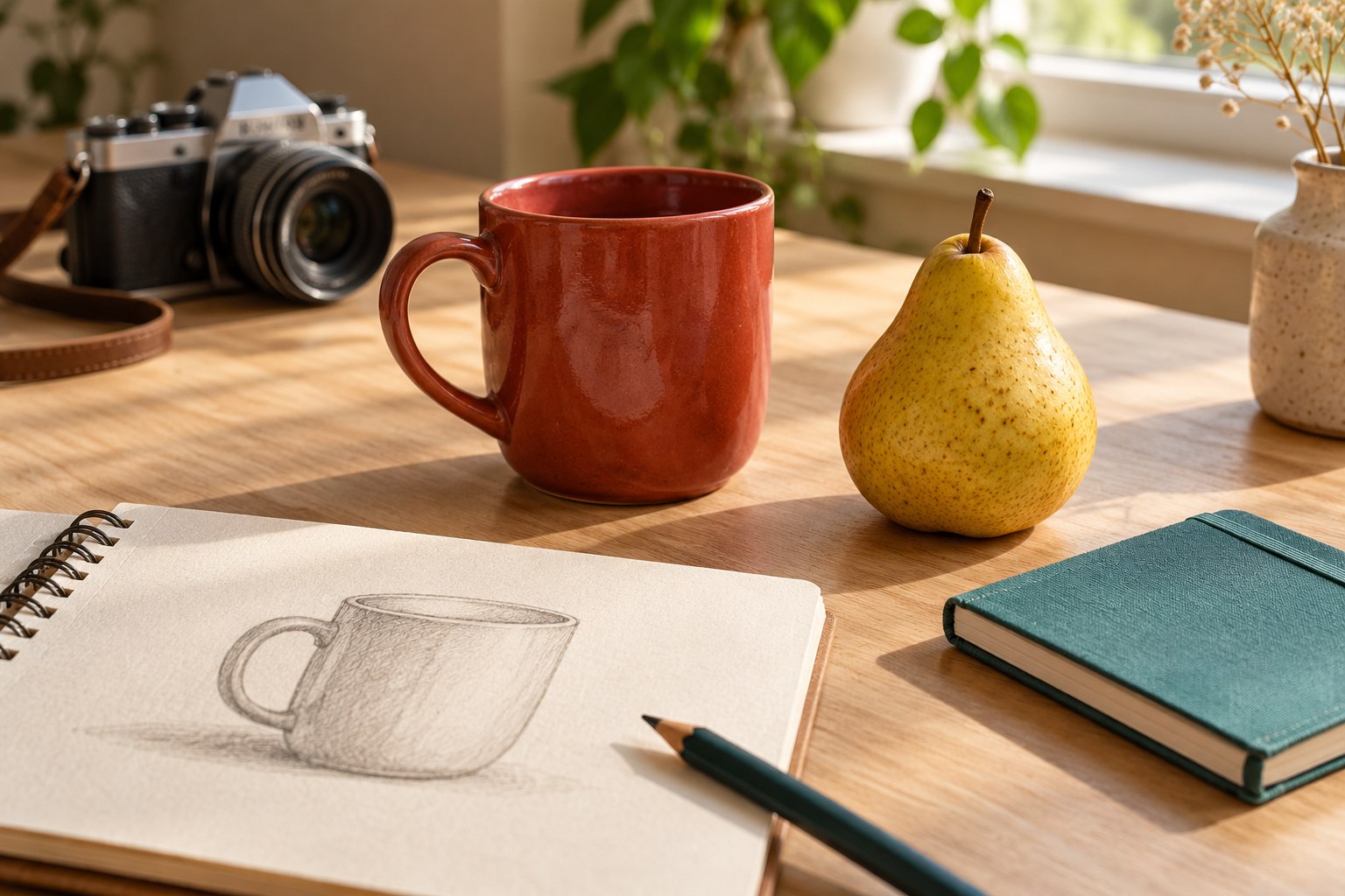 A red mug, yellow pear, camera and teal notebook beside a pencil sketch of the mug.