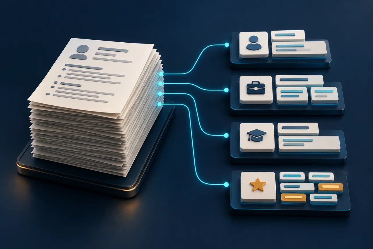 Concept illustration of resume documents becoming organized groups of structured information.