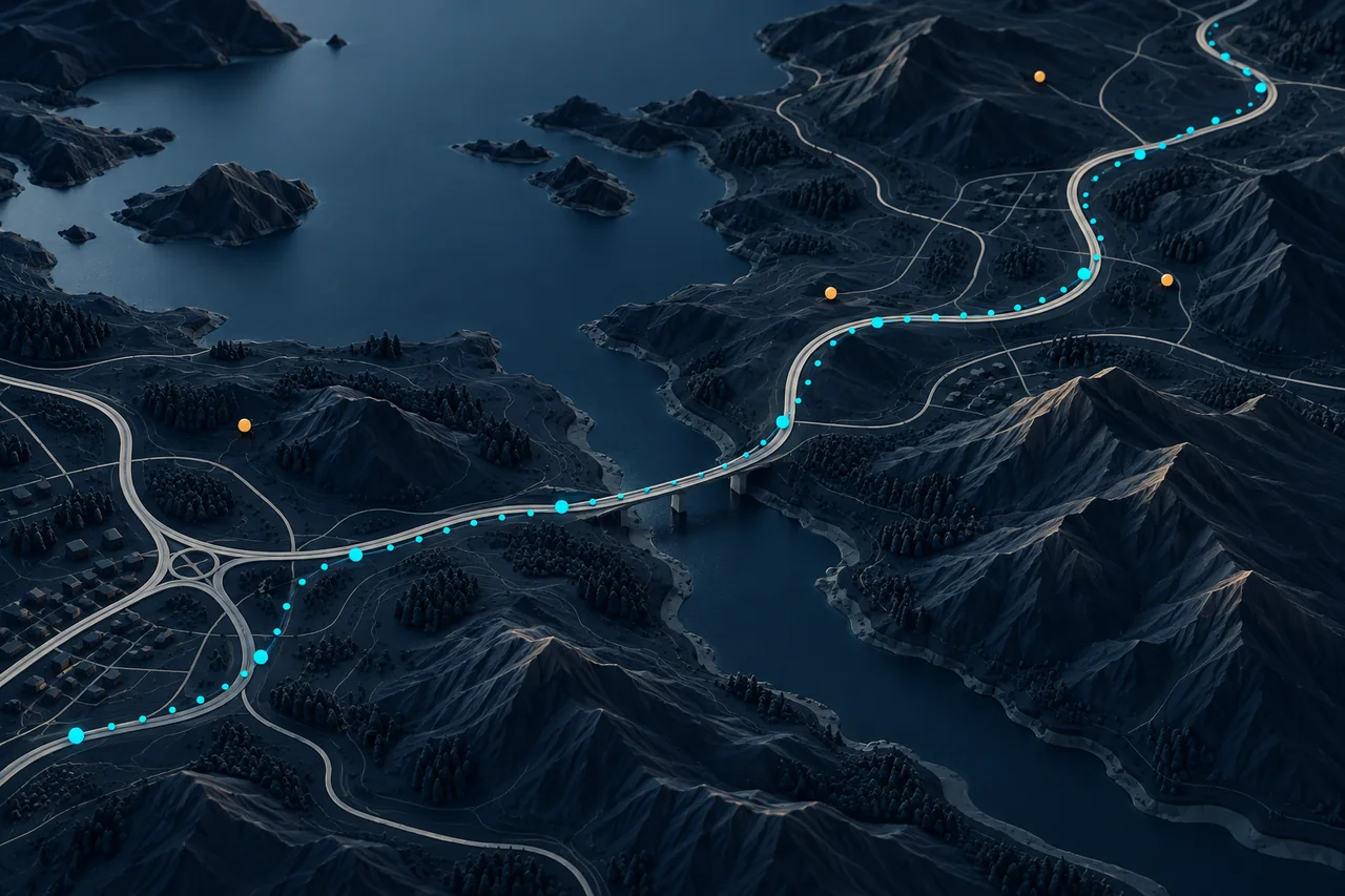 Concept illustration of trip-coordinate points aligned with, and offset from, a roadway network.