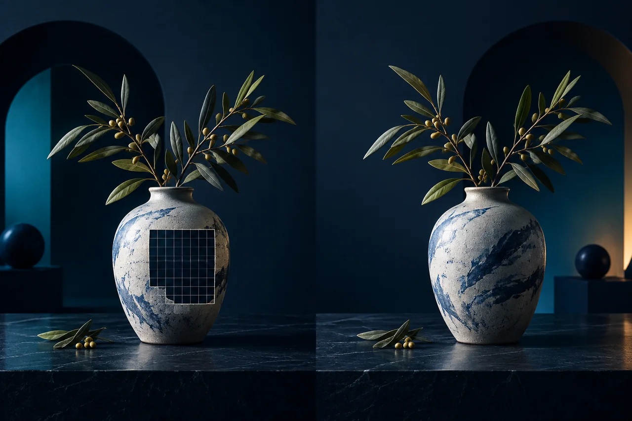 Concept illustration of a masked still-life image and a restored interpretation, not output from the project model.