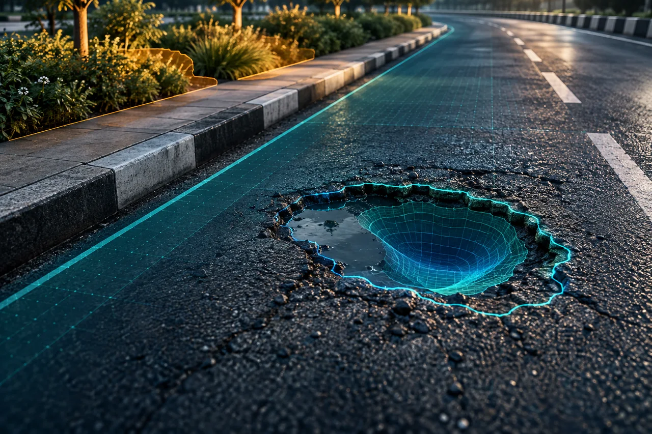 Concept illustration of a pothole contour, estimated depth surface and segmented roadside regions.