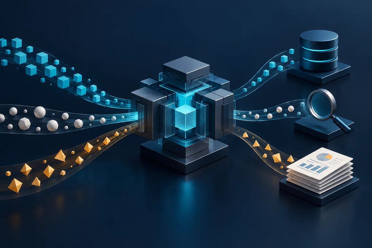 Concept illustration of multiple data streams joining a processing system and feeding storage, search and reports.