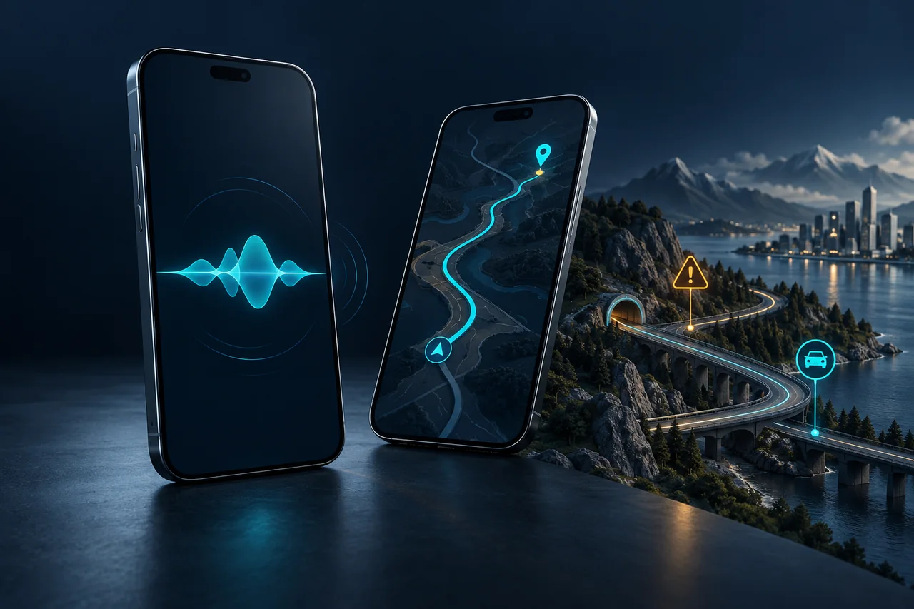 Concept illustration of two mobile devices connecting voice interactions with travel and incident information.